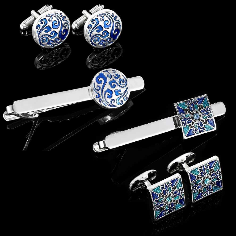 Blue Retro Palace Pattern Mens Cufflinks and Tie Clip Set Round Square Shaped Unique Whale Back Closure For Festival GiftX240914