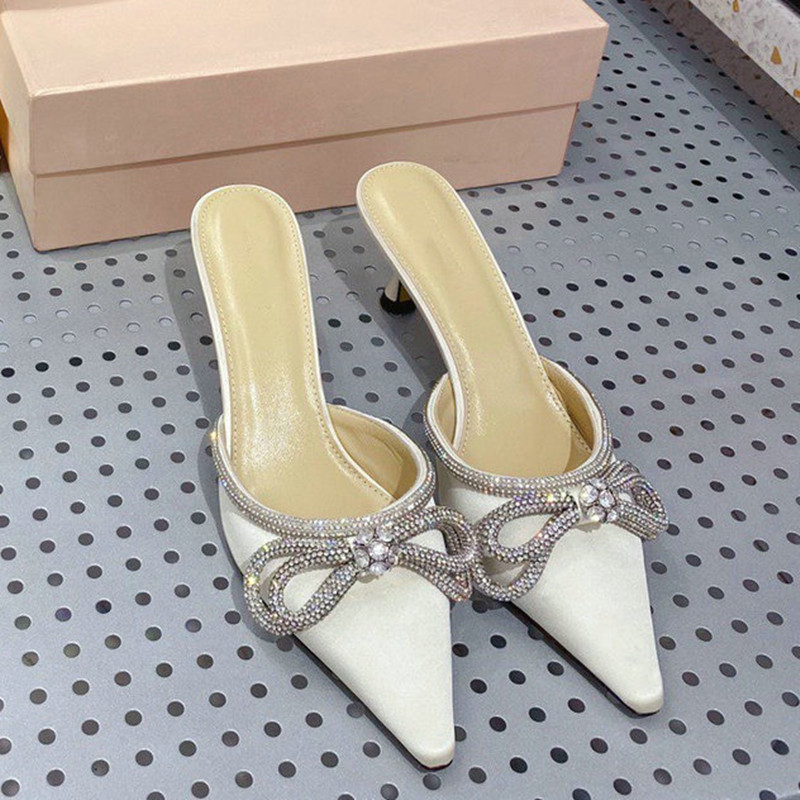 And Spring Summer New Metal Rhindias Slides Thin Bow Pointed High Heel Slippers 417e