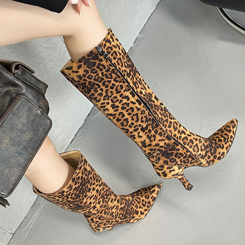 Big Size Footwear Pointed Toe Women Knee High Female Zippers Fashion Designer Leopard print Ladies Long Boots Heels Shoes