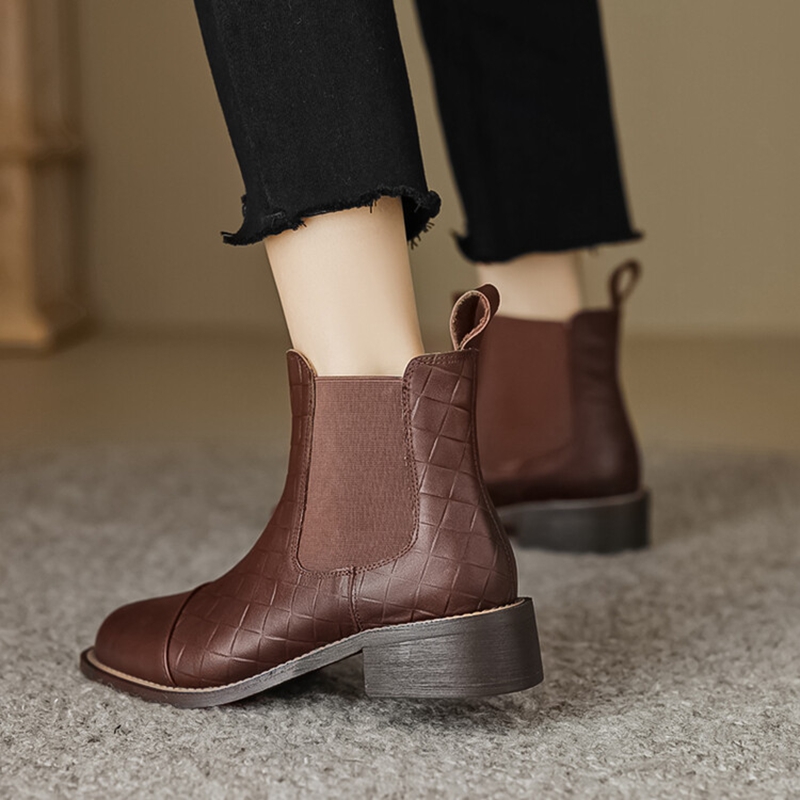 Autumn NEW Round Toe Chunky Heel Genuine Leather Shoes for Women Concise Zipper Short Blck Boots 44ff