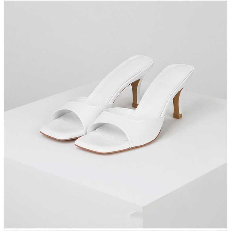 2024 Summer Slippers for Women Simple Mules Solid Color Women's Square Toe Stiletto Shoes Comfort Breathable Shallow High Heels