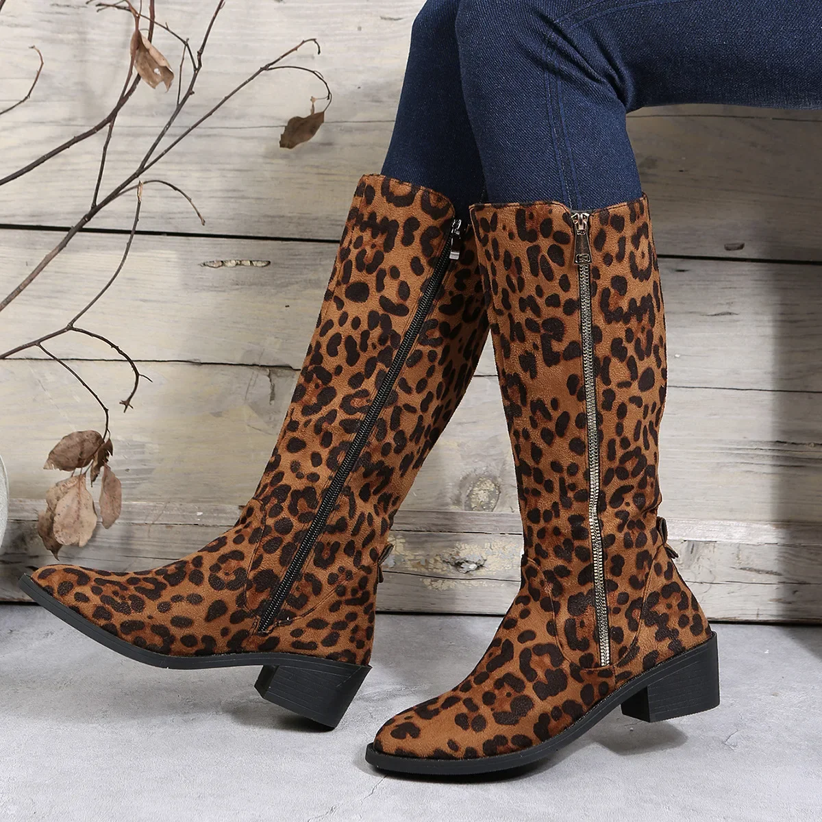 Brown Leopard High Platform Shoes for Women Autumn Winter Sexy Mid-calf Cowboy Riding Boots Botas Mujer 2024