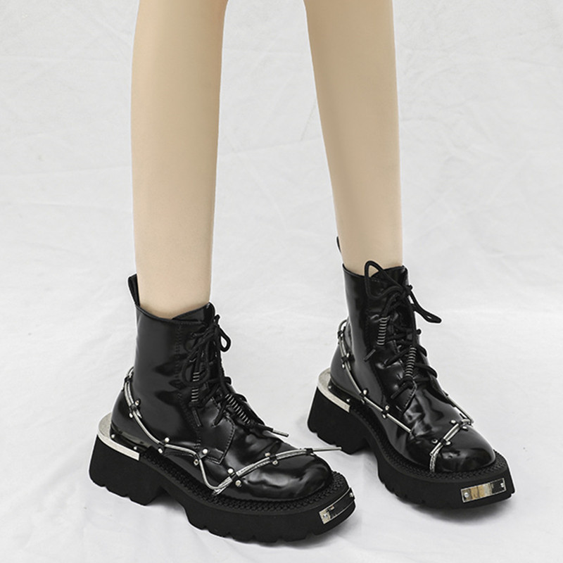 Spring Decoration Platform Shoes Lady Leather British Style Square Derby Shoes Black Thick Heel Lady Boots