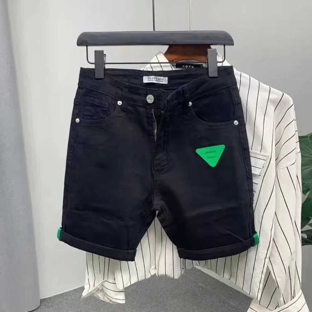 New Arrival Korean Style Clothes Cowboy Luxury Mens Slim Denim Jeans for Summer Fashion 2023 Black Leather Patch Jeans ShortsX240914