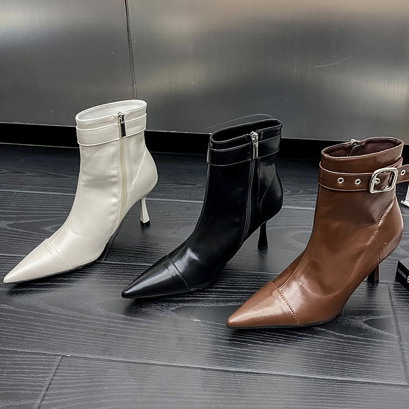 Fashion Buckle Strap Ladies Short Modern Booties Zippers Shoes Female Heels Pointed Toe Footwear Women Ankle Stretch Boots
