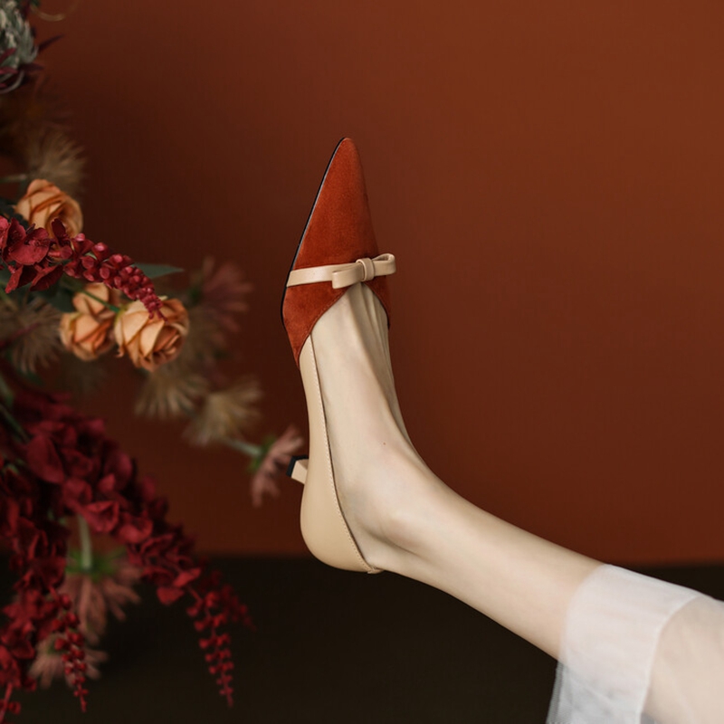 Spring NEW Pointed Toe Thin Heel Sheep Suede Pumps Mixed Colors High Heels Sweet Slip-on Shoes for Women 6ea7 s