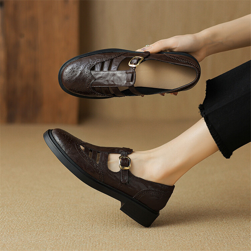 New Summer Sheepskin Women Shoes Round Toe Hollow Out Women Pumps Low Heel Brogue Designs Loafers Shoes for Women Ladies Shoes