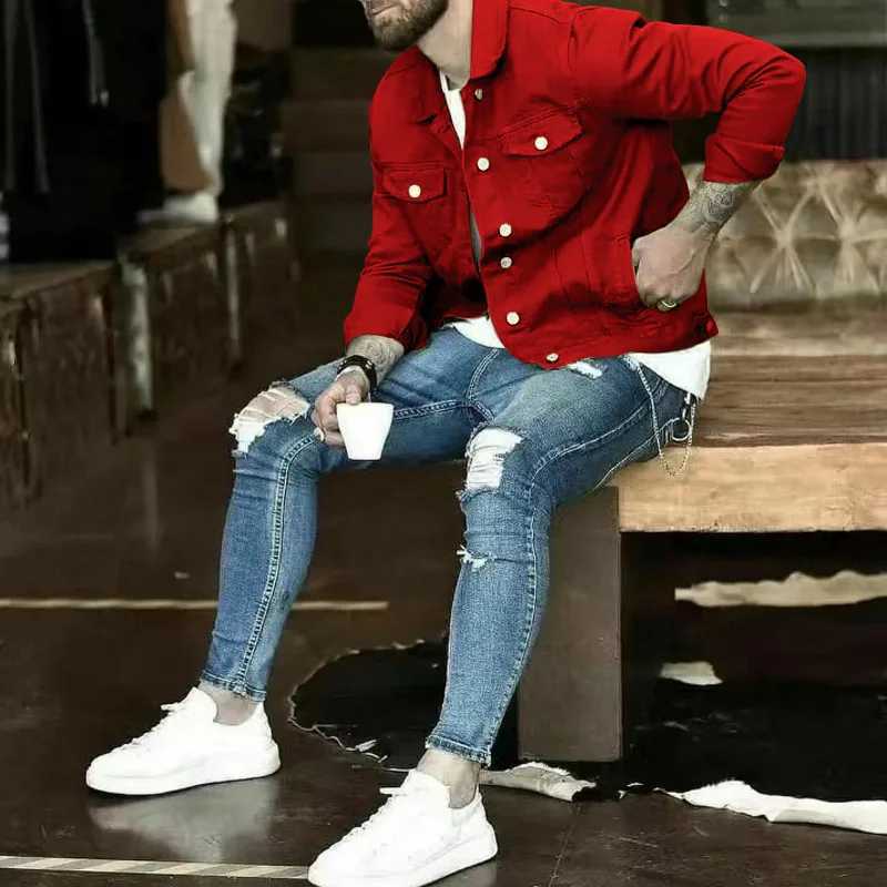 Mens denim jacket casual slim fit jacket with pocket button design commodity jacket streetwear autumn top W240914