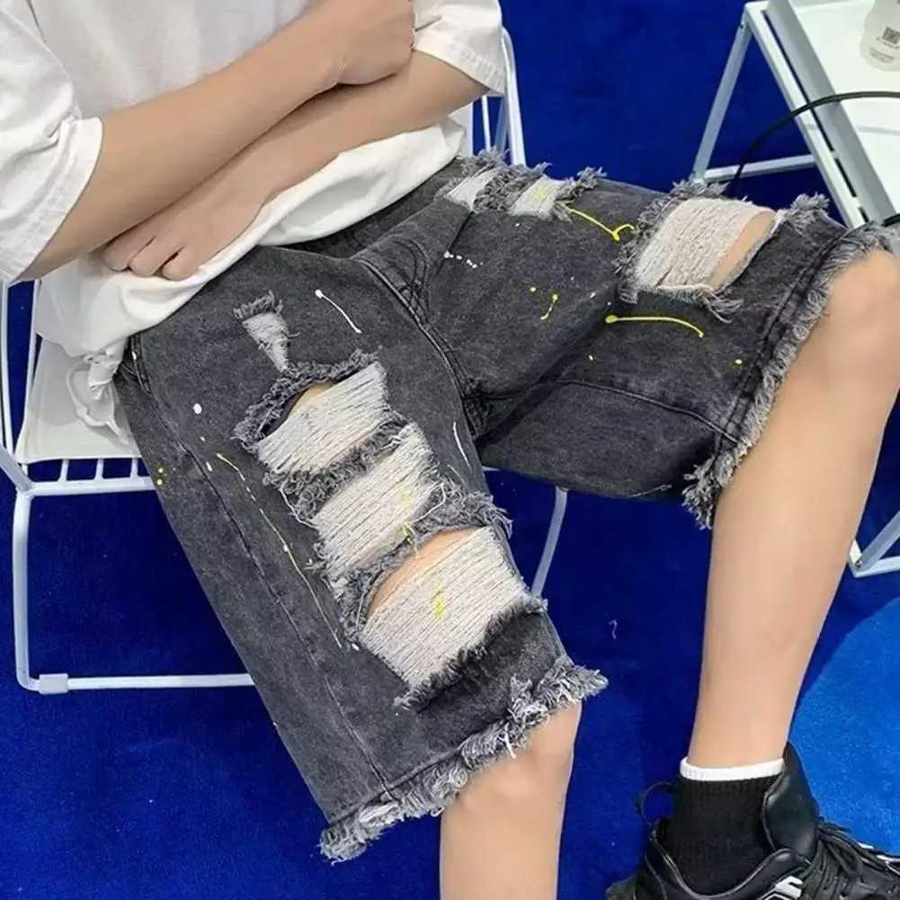 2024 Hip Hop Ripped Denim Shorts Streetwear Men Vintage Destroyed Hole Baggy Jeans Pants Fashion Summer Loose Shorts BlackX240914