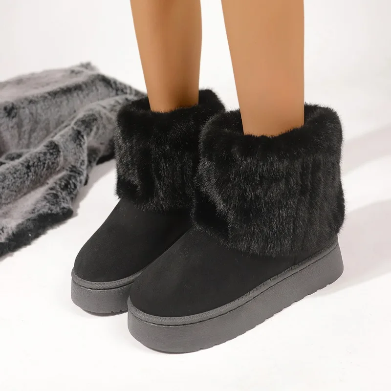 Shoes for Winter Slip on Women's Black Round Toe Solid ck Plush Warm Mid Heel Water Proof Casual Snow Boots Women a145