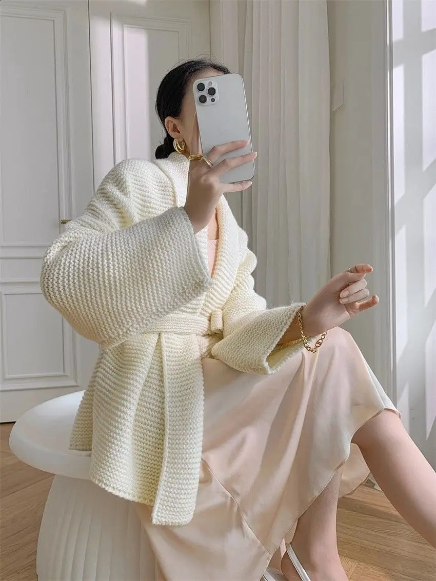 Knitted Cardigan Womens Autumn Winter Korean Vneck Waistband Tie Up Slimming Loose Ins Westernstyle Sweater Jacket 240904