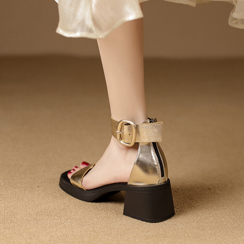 Open Summer Toe Chunky for Women Cover Heel Sandals Concise Split Leather New Handmade Platform Shoes 42f4 Platm