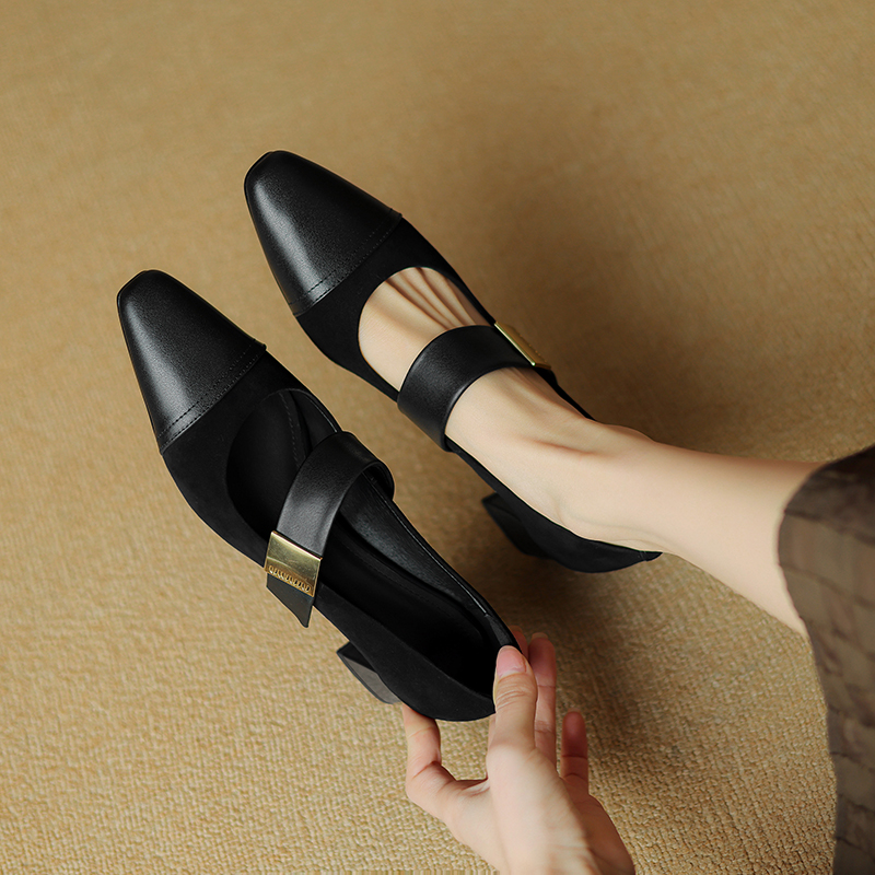 2024 Spring Mary Janes Pointed Toe Chunky Heel Pumps Kid Suede Shoes for Women Elegant Med Buckle Heels 9cee 5192