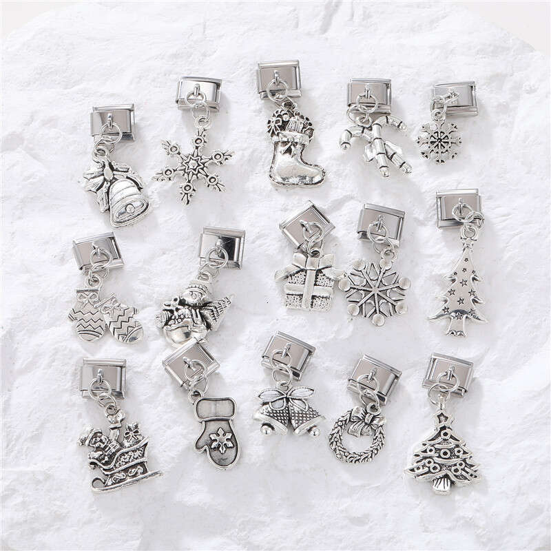 New Women's Gift Christmas Bell Socks snowflake Pendant Italian Charms Links Bangle Beads Fit 9mm Stainless Steel Bracelet Making DIY For Women F