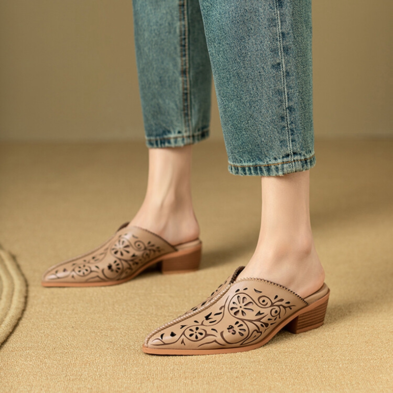 Mules Summer Genuine Leather Shoes New for Women Cover Chunky Heel Slippers Solid Pointed Toe Sgback Designer Sandals 1b39