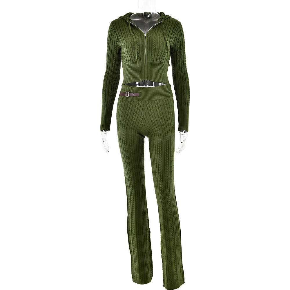 2024 Hot selling new sexy and fashionable long sleeved hooded top, straight leg pants, knitted sweater set for women