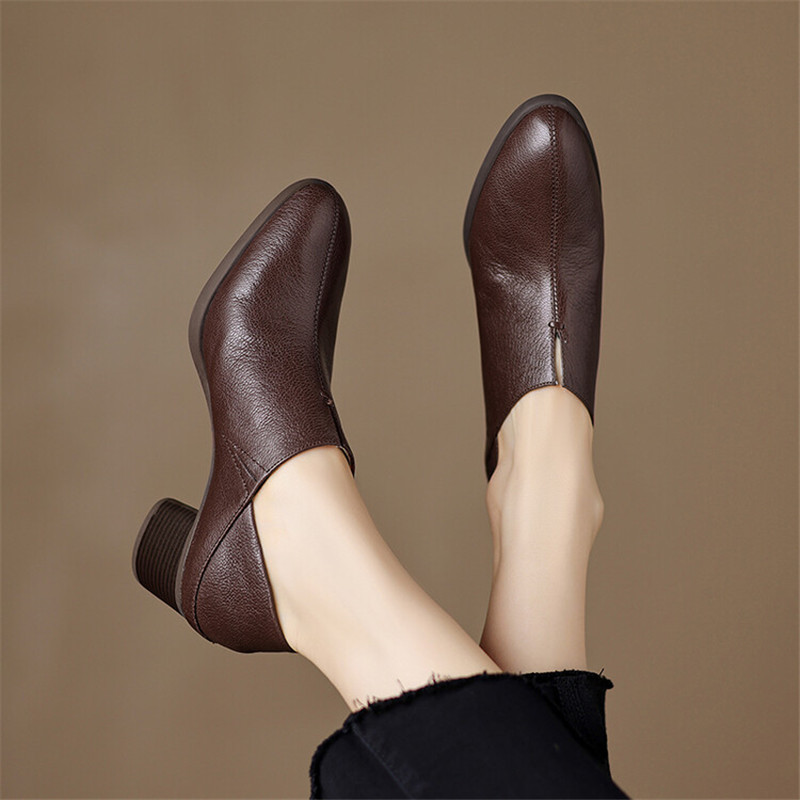 Autumn New Genuine New Leather Fashion Round Toe Casual for Chunky Heel Shoes Women Pumps atos De Mujer 62c4