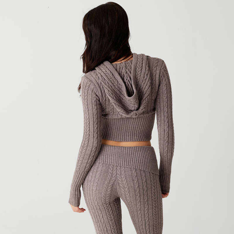 2024 Hot selling new sexy and fashionable long sleeved hooded top, straight leg pants, knitted sweater set for women