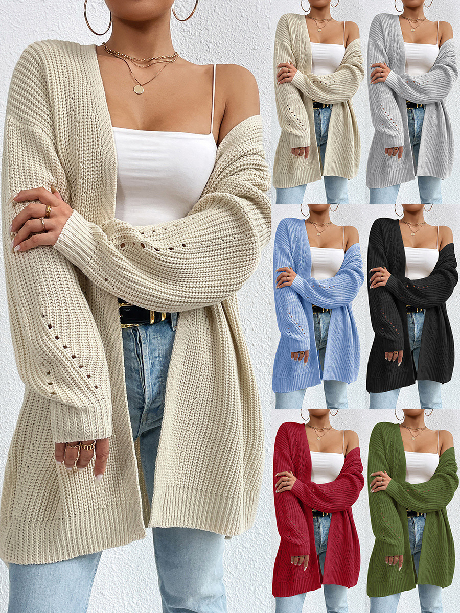 Women's Knits Autumn and winter loose mid length sweater jacket knitted cardigan V-neck solid color knitted sweater