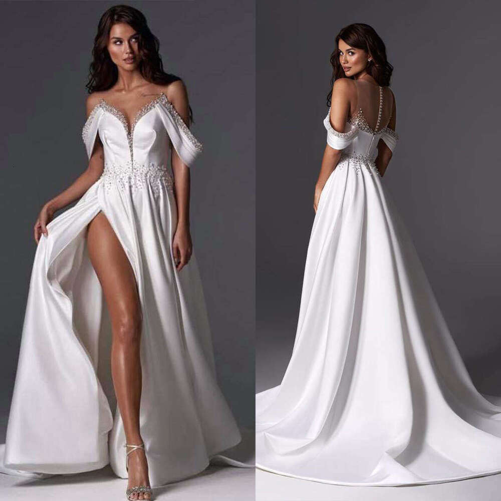 Gorgeous Wedding Dresses A-E V-Neck Split Off The Shoulder Pearls Or-Length Long Bridal Gown Vestido De Novia Custom Made 0228Lz