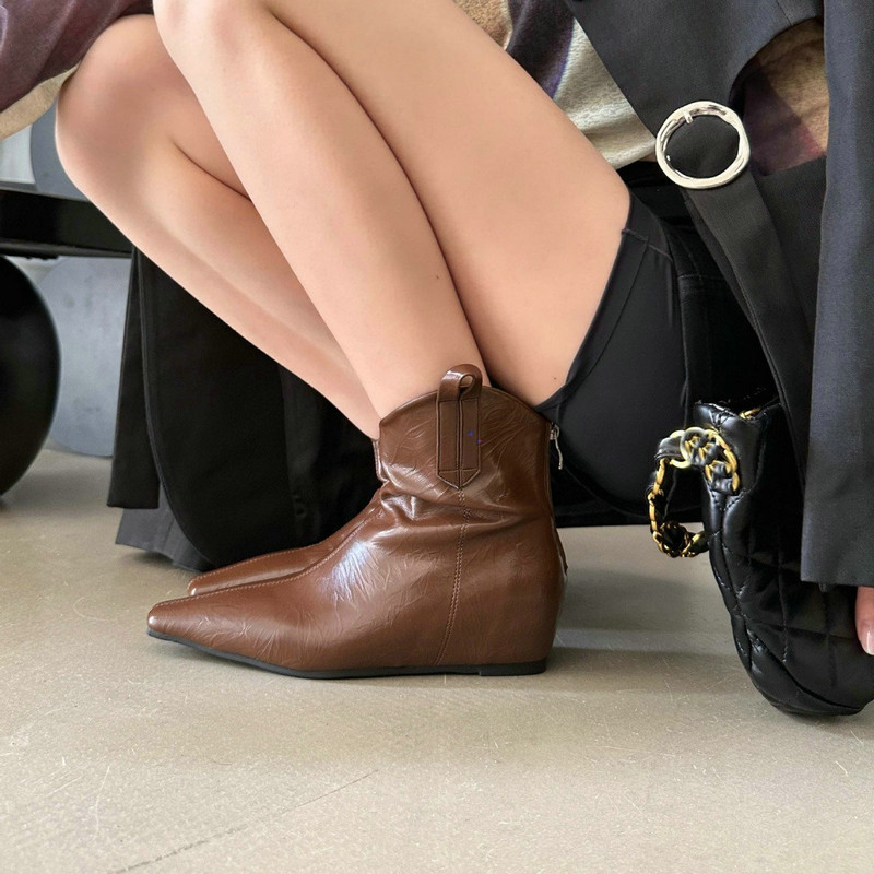 Black 2024 Women's Wedges Pointed Zip Inside V-cut Short Boots 6336