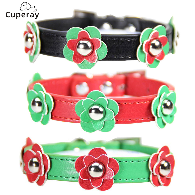 Pu Pet Collar Adjustable Christmas Halloween Pet Collar with Double Bells and Cute Flower Decorations for Cat & Dog Accessories