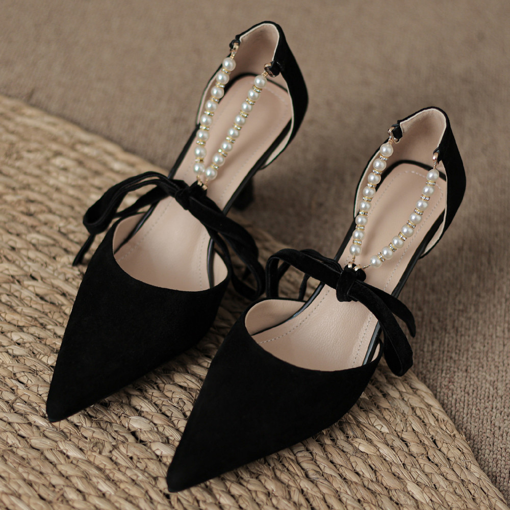 women's danxuefei natural suede leather thin high heel pointed toe ankle strap pumps elegant New ladies beading bowtie summer shoes fe54