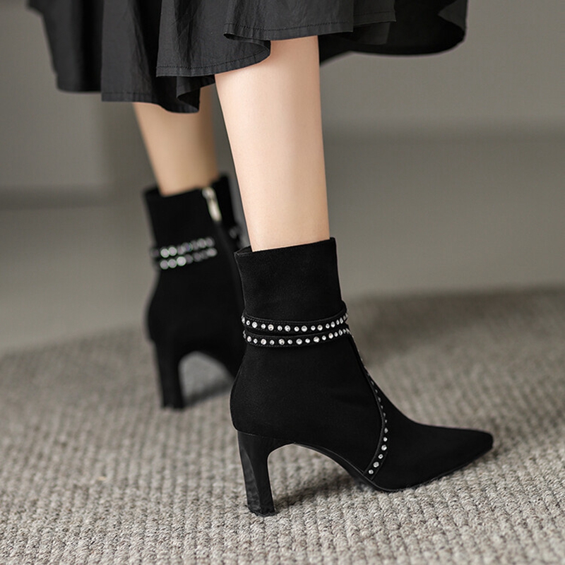 Fall New Shoes Pointed Toe High Heel Sheep Suede Ankle for Women Winter Solid Weave Elegant Modern Boots ca0b