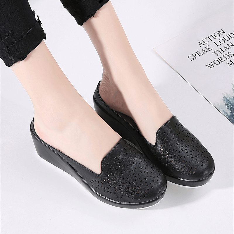 YAERNI Summer Woman Flip Flop Hollow Out Baotou Sandals Cowhide Embroidered Single Shoes Slope Heel Thick Bottom Light Women's