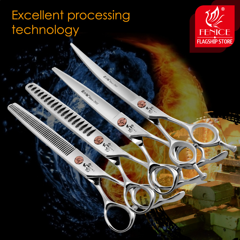Fenice Japanese Steel 7 Inch Professional Pet Dogs Grooming Scissors Kit Straight&Curved &Thinner&Chunker&Fluffy Shear Scissors