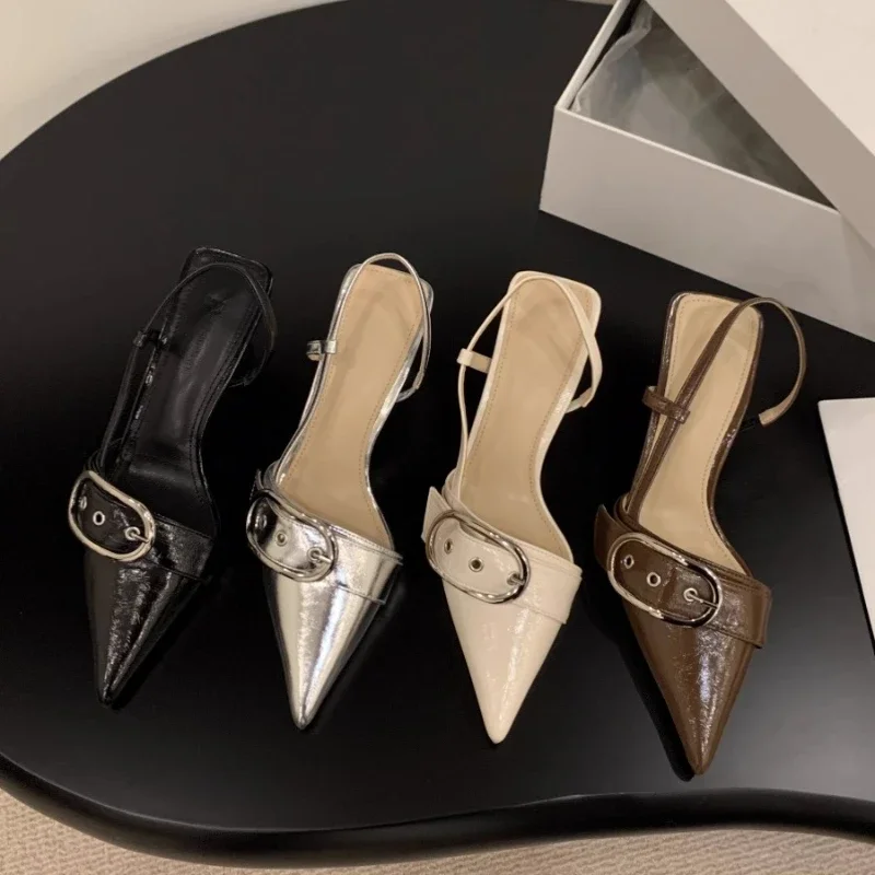 2024 New Mid Heels Pointed Toe Women Sandals Designer Walking Slippers Summer Fashion Party Pumps Mujer Zapatillas Sandals