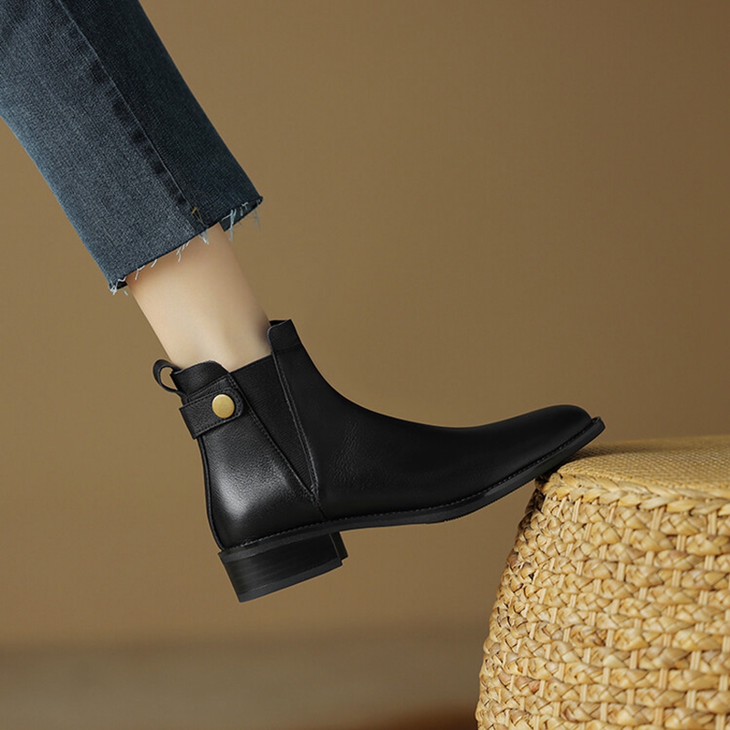 Autumn NEW Round Toe Low Heel Genuine Leather for Retro Black Ankle Boots Winter Women Shoes 804f