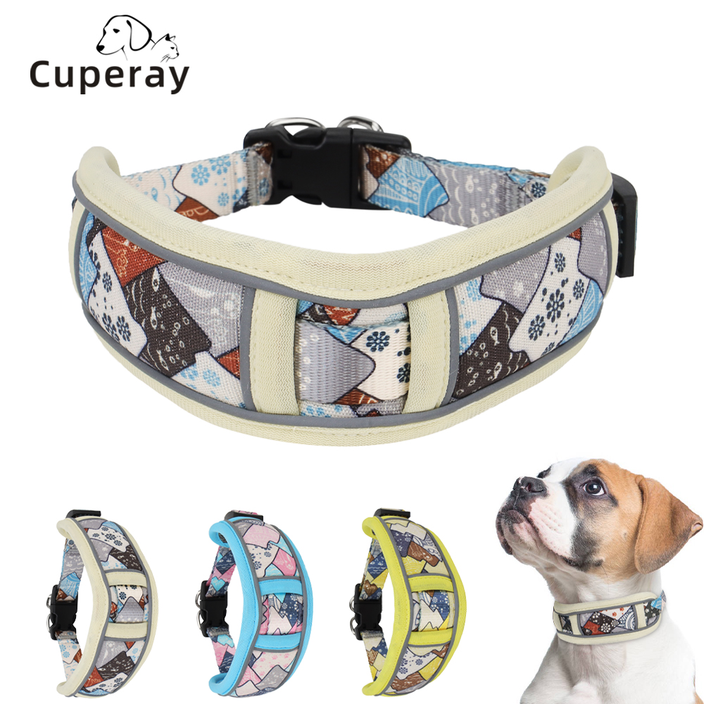 Widen Dog Collar Reflective Nylon Pet Collar Comfortable Mesh Breathable Printed Dog Collar with D Ring for Medium To Large Dogs