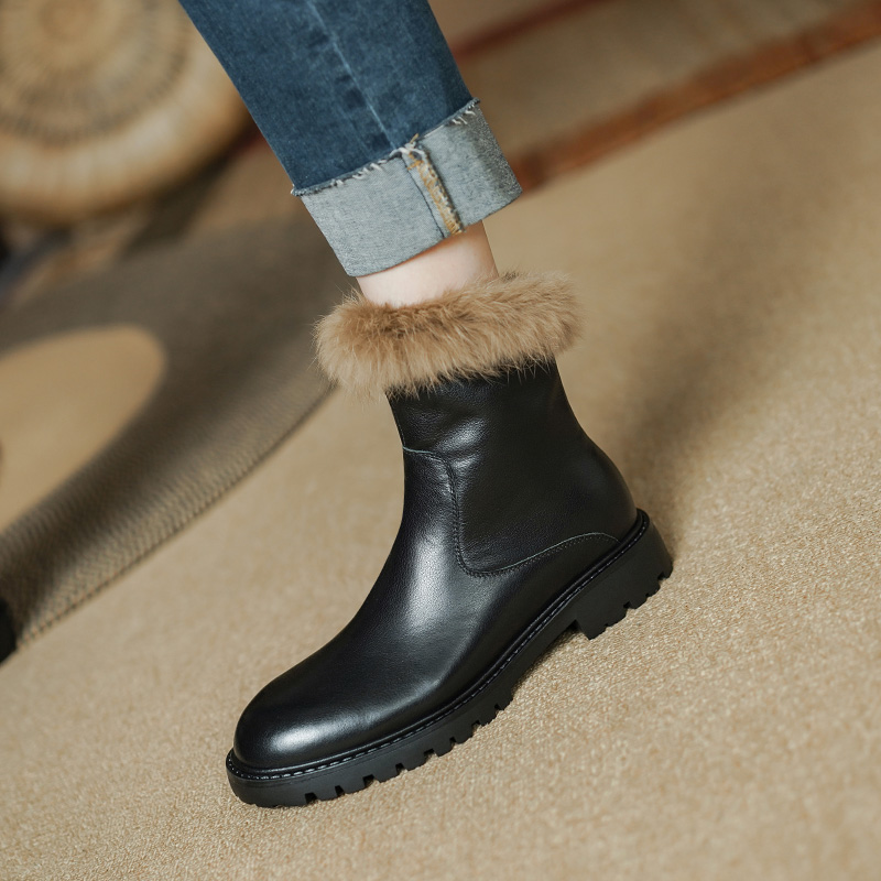 2024 new Winter Round Toe Chunky Heel Shoes for Warm Wool Women Casual Snow Boots bac2