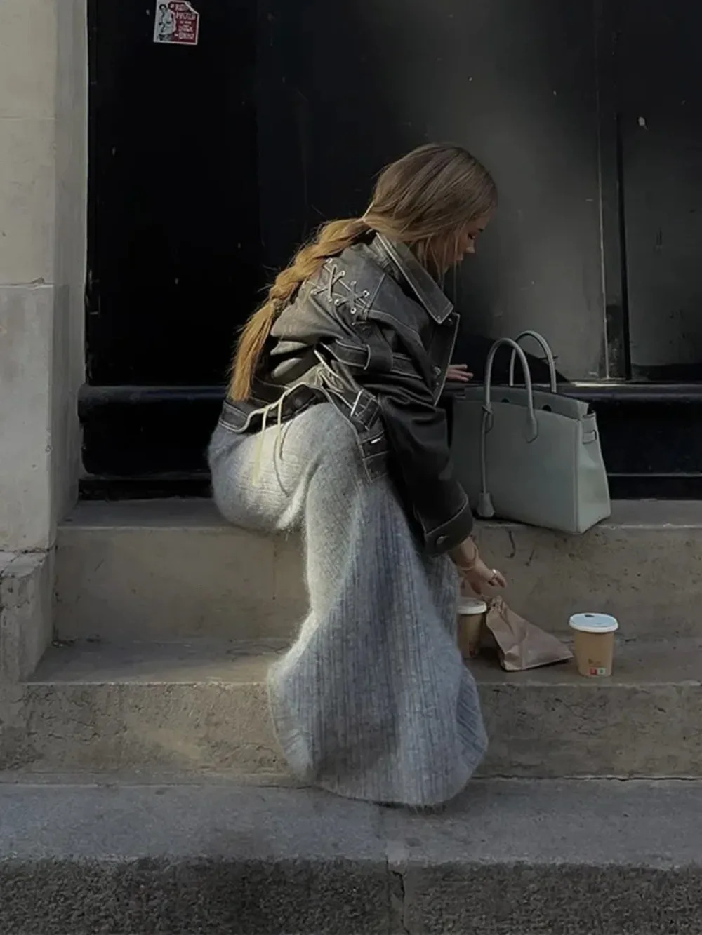 Long Sleeve Crop Coat Lapel Collar Lacing Design Pu Leather Jacket Women Vintage Patchwork 2024 Lady High Streetwear