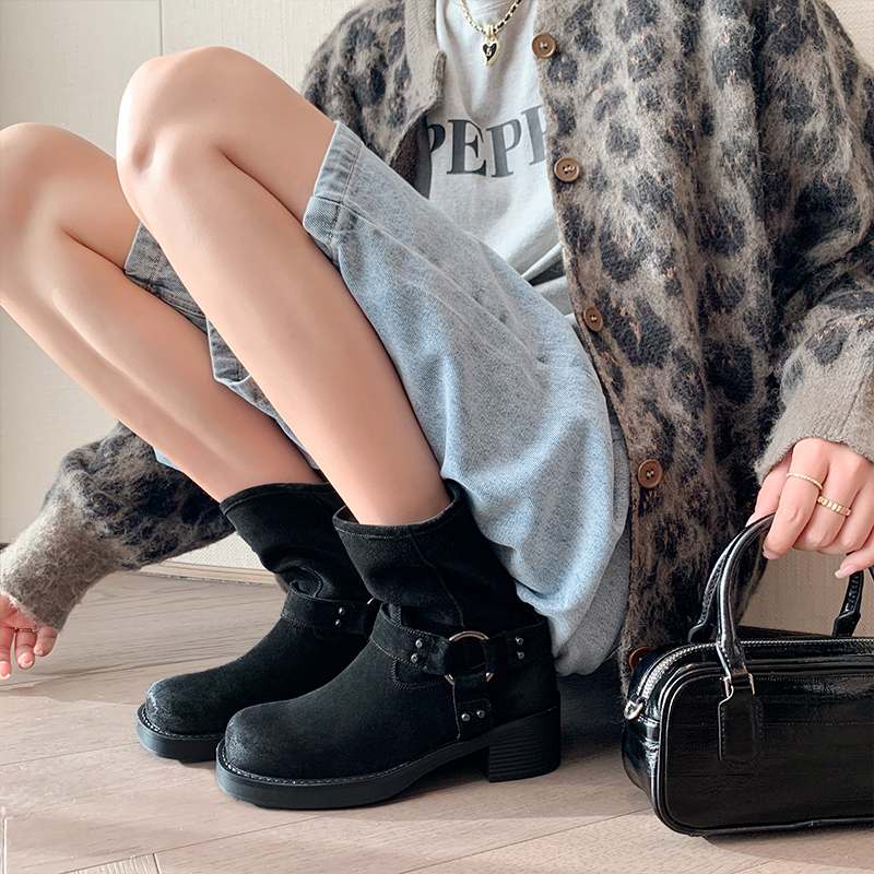 JOZHAMTA Size 34-39 Women Wide Mid Calf Real Leather Western Cowboy Boots For Cowgirl Thick Heels Shoes Winter Daily Dress