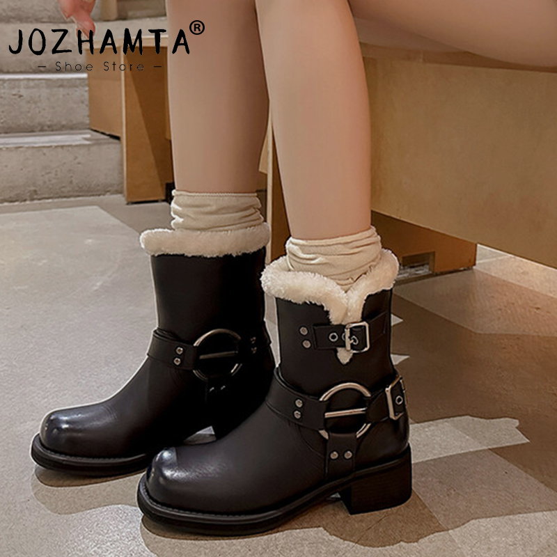 JOZHAMTA Size 34-40 Winter Women Warm Wool Snow Cow Suede Leather Quality Round Toe Ankle Boots Shoes Woman Casual Outdoor