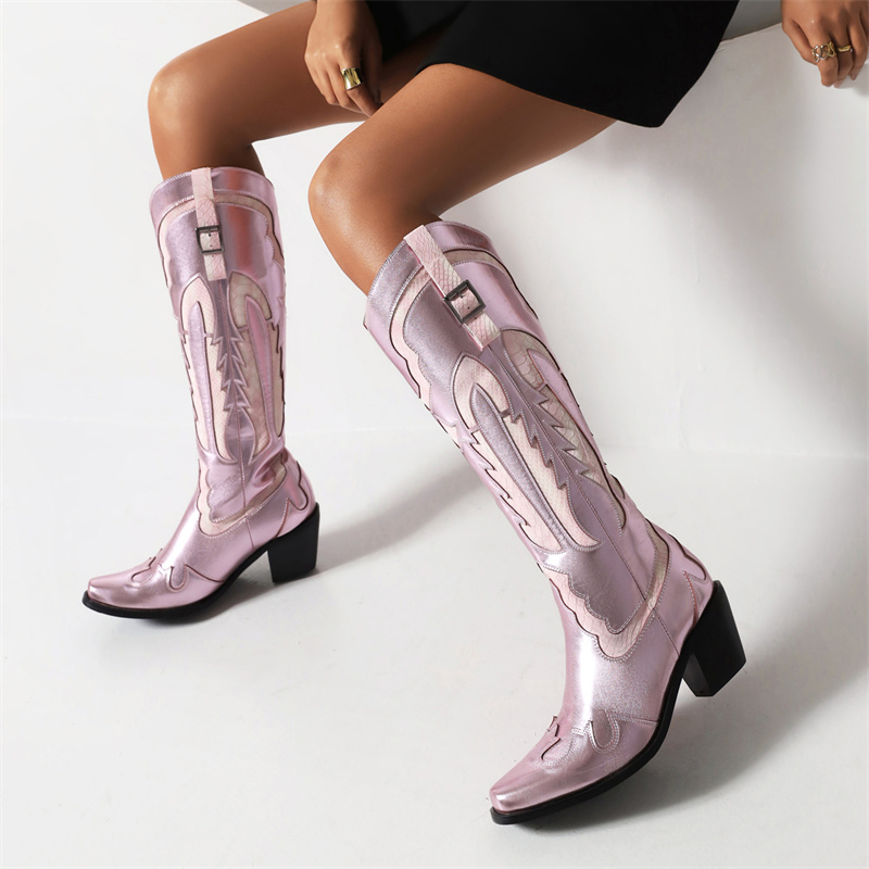 Western Embroidery Cowboy Boots Women Sier Pink Knee High Boot Black Long Party Shoes Ladies Autumn Winter Spring 9ae3