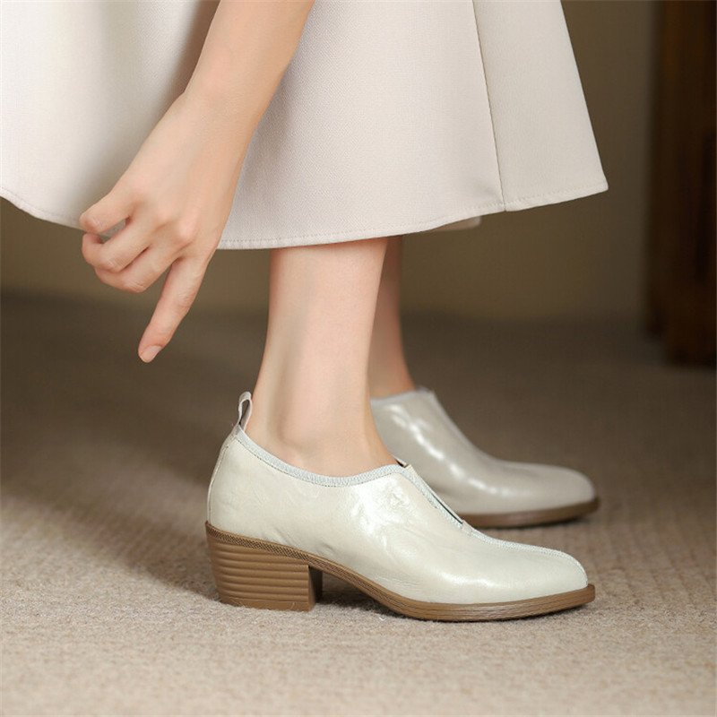 New Autumn Genuine Leather Women Shoes Fashion Round Toe Shoes for Women Chunky Heel Shoes High Heel Women Pumps Zapatos Mujer