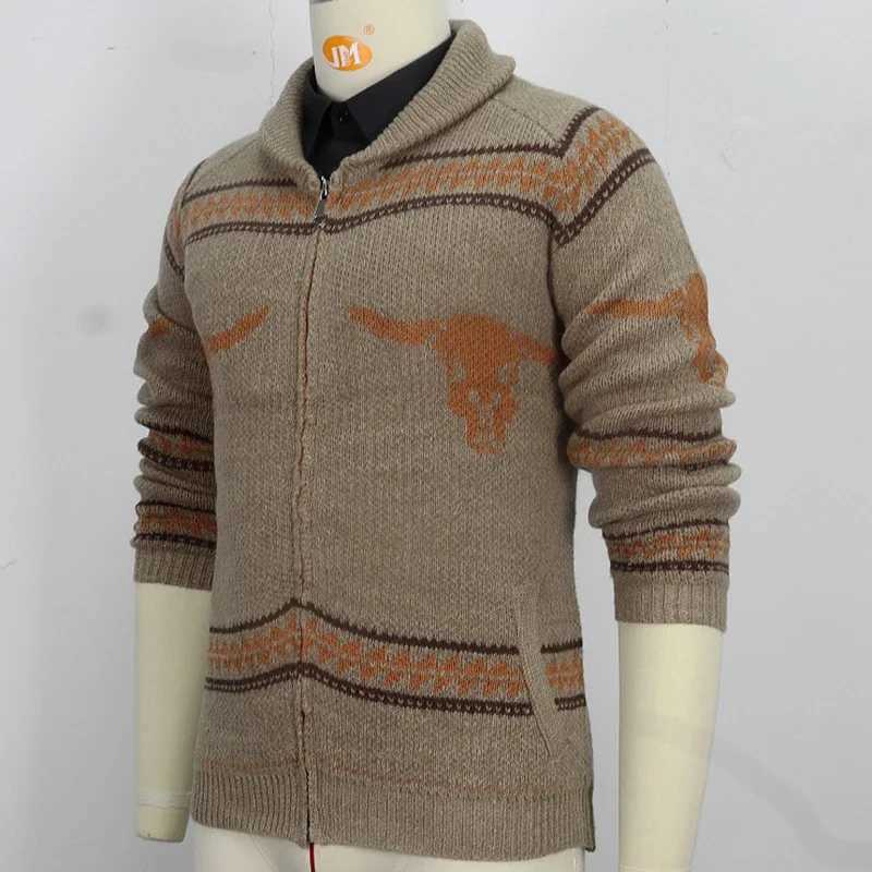 New Mens Casual Sweater Cow Head Jacquard Zipper Knitted Sweater Jacket for Autumn and Winter Thick Needle Sweater for MenXJ240907