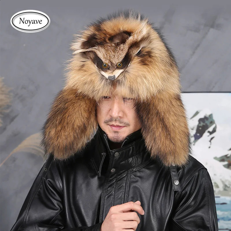 100% Real Fur Raccoon Fox Skin Russian Hats Pilot Bombers Full Mao Mens hat Ushanka Winter Ear Guard Hat Raccoon Fur Beanie Hat 240906