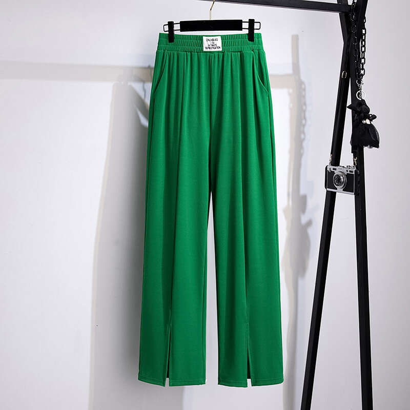 155Kg Plus Size Women's Loose Straight Ice Silk Pants Hip 150-160 High-Waisted Slit Trousers 5Xl 6Xl 7Xl 8Xl 9Xl 4 Colors