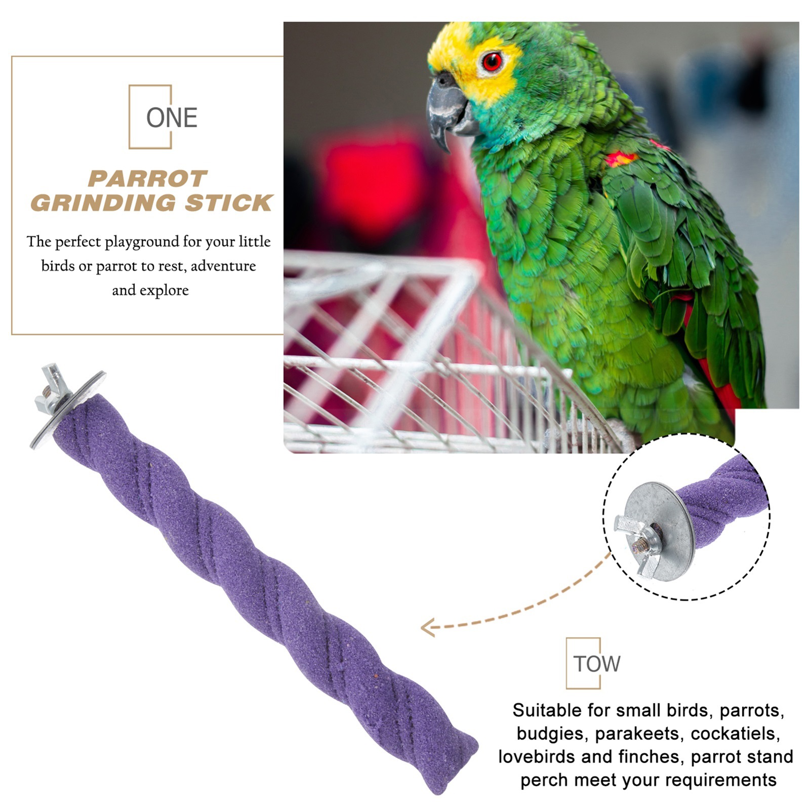 Bird Toy Claw Grinding Stick Parrot Stand Perch Wooden Parakeet Cage Beads Standing Rod