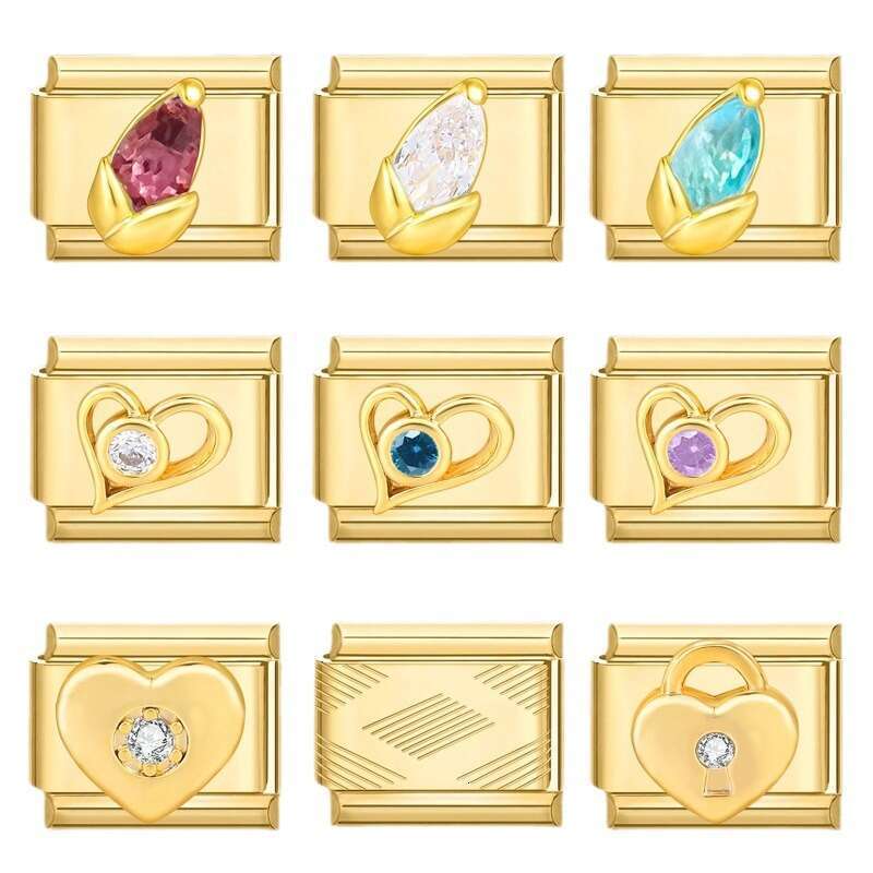 New Women's Gift Gold heart Pet with Cz Pendant Italian Charms Links Bangle Beads Fit 9mm Stainless Steel Bracelet Making DIY For Women Fashion J