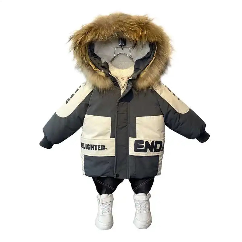 Winter Boys Coat 2023 Baby Fur Collar Hooded Cotton Plus Velvet Thicken Warm Jacket For Childrens 28Years 240905