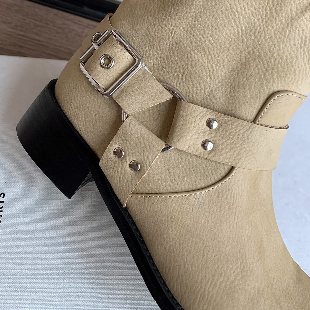 genuine Women's leather metal buckle slip-on flats autumn mid-calf casual female punk half boots high quality shoes woman 8aa4