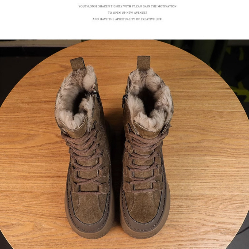Fashion British Style Winter Nubuck Snow Boots Women's Thick Sole Plush Fur Warm Shoes Round Head Cross-tied Short Ankle Booties 6147
