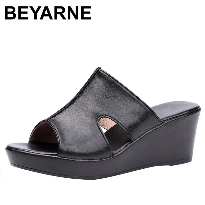 New Summer Fish Mouth Genuine Leather Slipper Women Platform Sandals Heighten Shoes Wedges Sandals High Heels 6 / 8 / 11 Cm