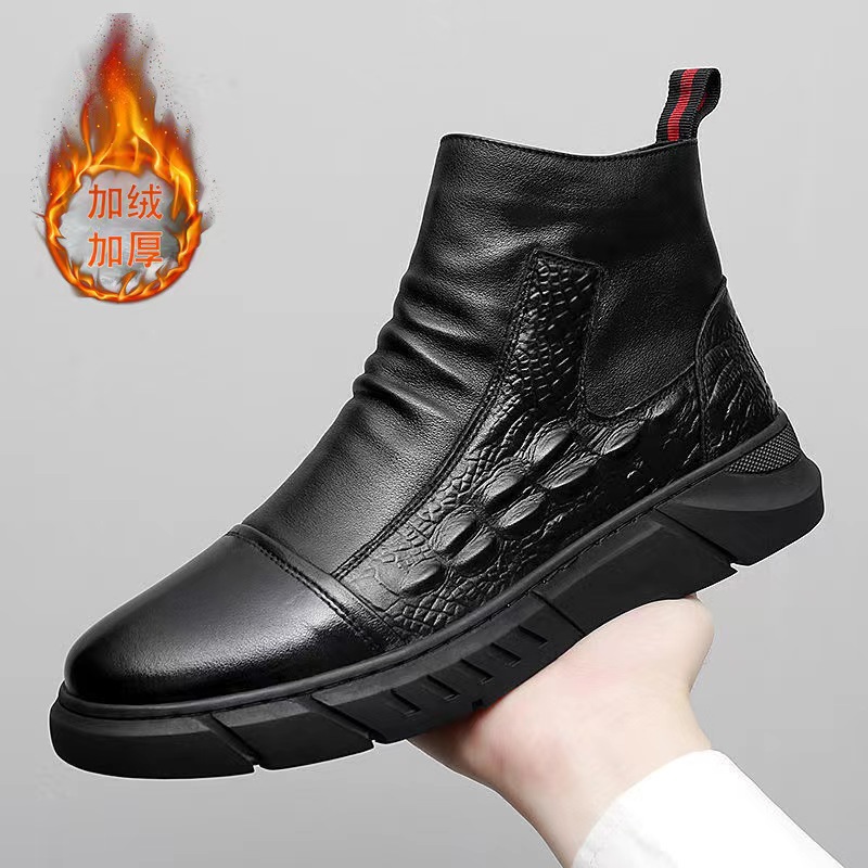 Men Motorcycle Casual Round Toe Hiking Footwear Winter Warm Plush Ankle Boots Man High Top Anti-slip Leather Toog Boot b349