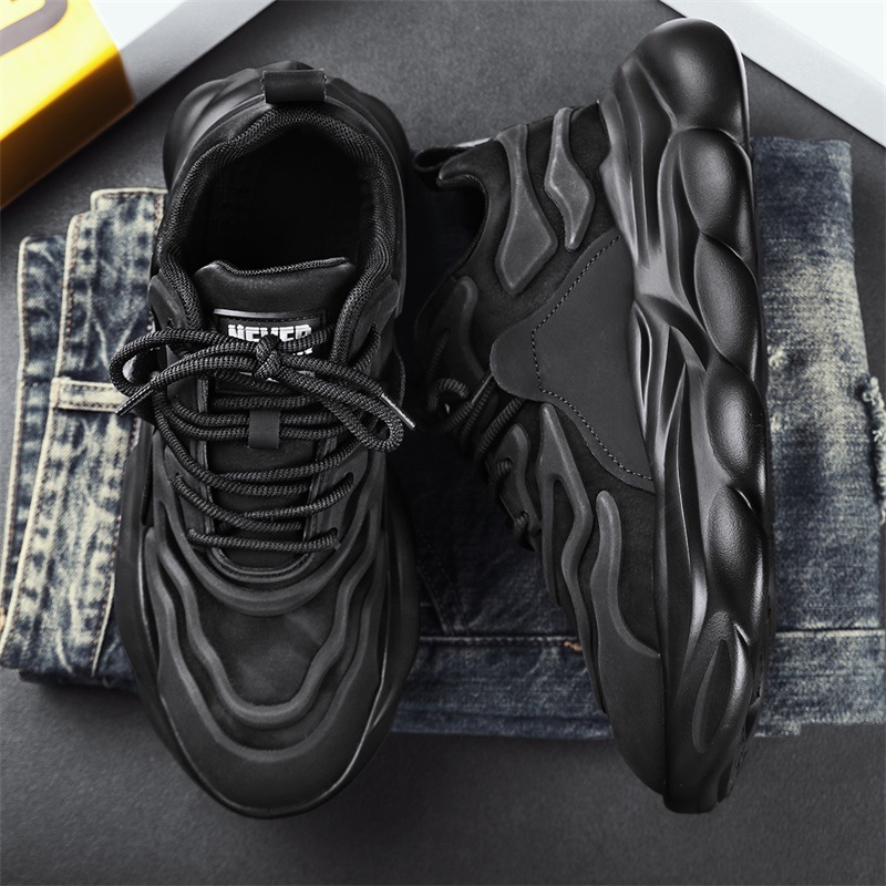 Student plush sports thick seasonal leather surface casual single shoes, pure black Korean version lace up dad shoes